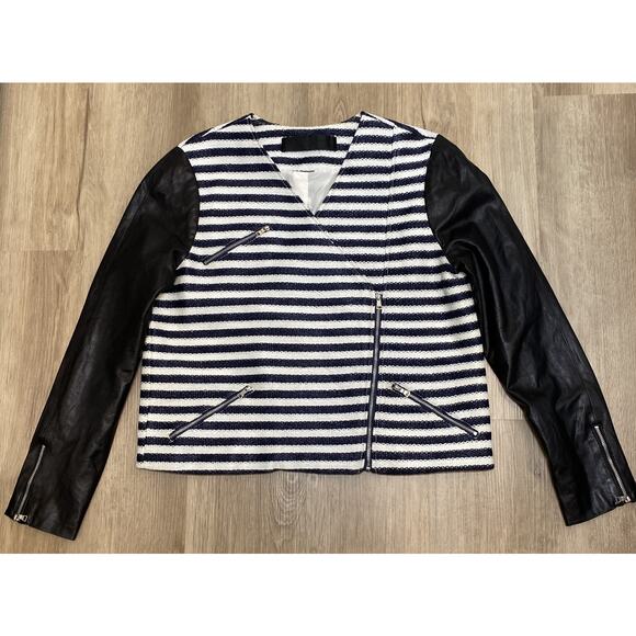 JENNI KAYNE Moto Navy Striped Leather Coat Size Large - Picture 1 of 9